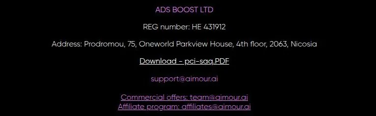AIMOUR footer with the ADS BOOST LTD company name, registration number, Nicosia address and contact e-mails