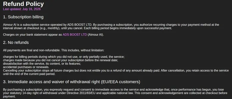 AIMOUR refund policy sections on subscription billing, no refunds and the EU withdrawal right