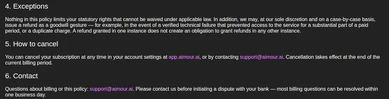 AIMOUR refund policy sections on exceptions, how to cancel and billing contact