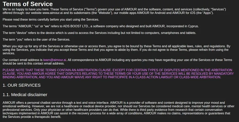 AIMOUR terms of service opening with the operator in Cyprus and a highlighted arbitration notice