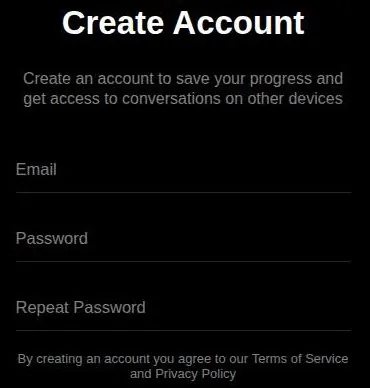Anima Create Account form with e-mail, password and repeat password fields