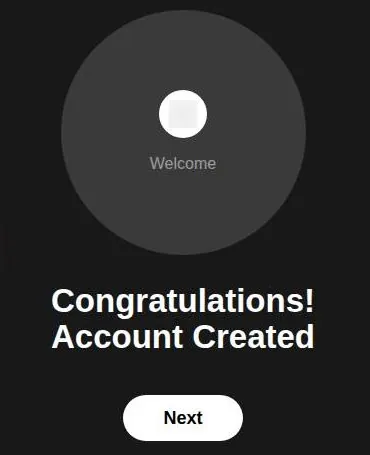 Anima screen saying Congratulations Account Created with a Next button