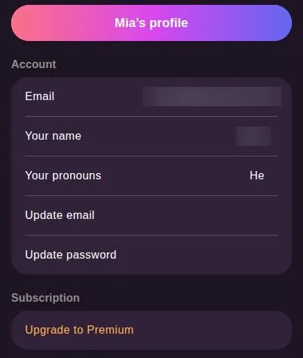 Anima account settings list with e-mail, name, pronouns and password rows
