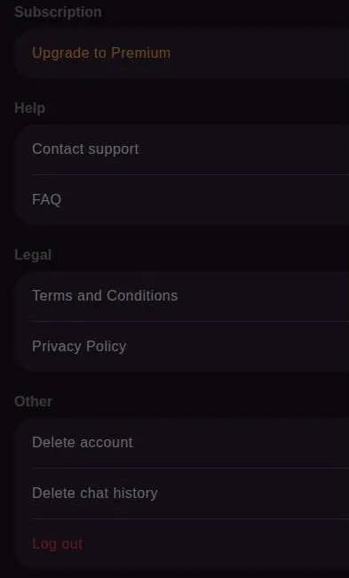 Anima settings menu with Help, Legal and Delete account and Delete chat history options