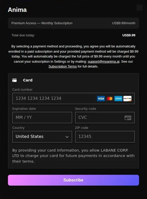 Anima card checkout form for the monthly Premium subscription
