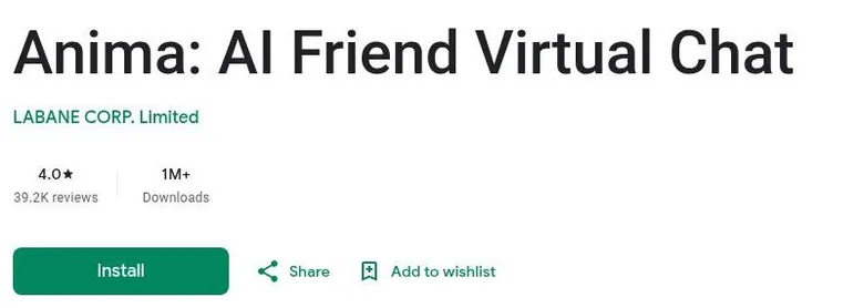 Google Play listing header for Anima AI Friend Virtual Chat with rating and download count