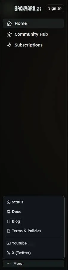 Backyard AI sidebar with the More menu open showing Status, Docs, Blog and Terms links