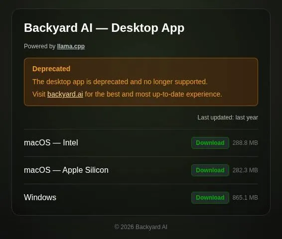 Backyard AI desktop app page with a deprecation notice and download buttons for macOS and Windows