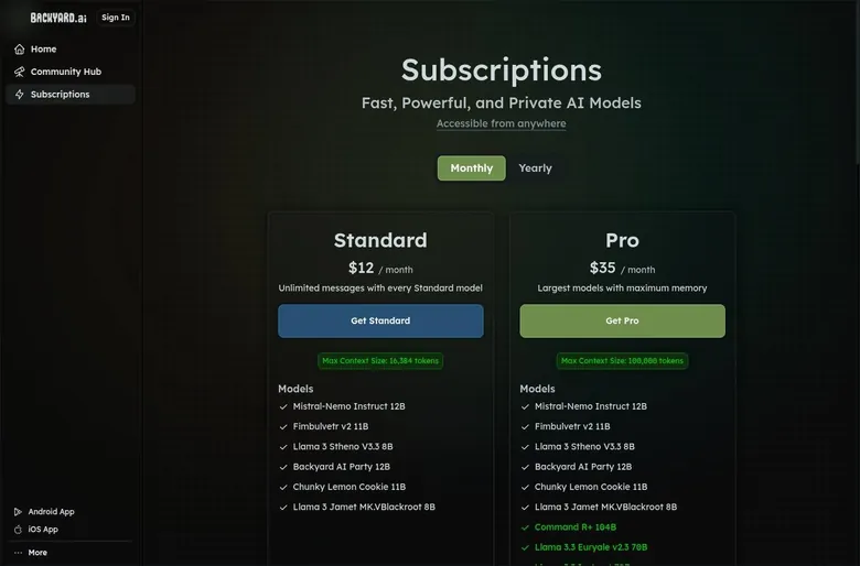 Backyard AI subscription page with Standard and Pro plan cards and their model lists