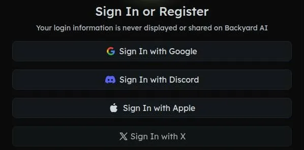 Backyard AI sign-in dialog with Google, Discord, Apple and X buttons