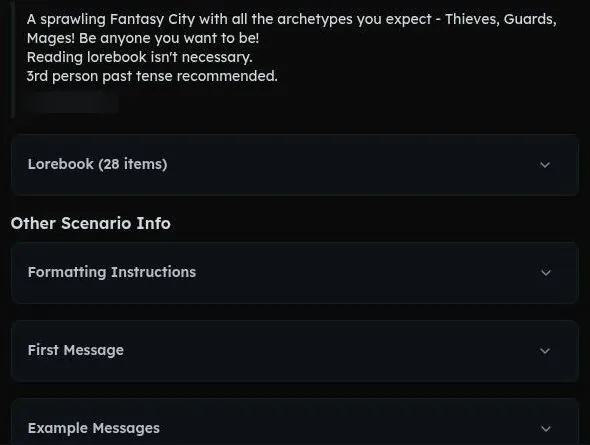 Backyard AI character page sections for lorebook, formatting instructions, first message and example messages