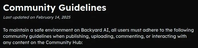 Backyard AI Community Guidelines page header with the last-updated date