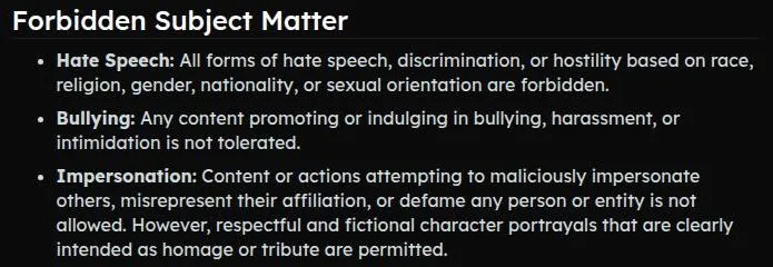 Backyard AI guideline list forbidding hate speech, bullying and impersonation