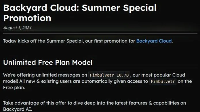 Backyard AI blog post announcing the Summer Special with unlimited messages on one free model