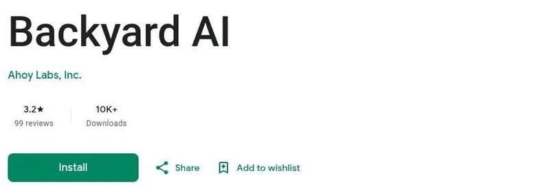 Google Play listing for Backyard AI by Ahoy Labs with star rating and download count