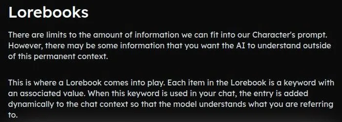 Backyard AI docs page explaining how lorebook keywords add entries to the chat context