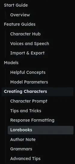 Backyard AI docs navigation listing guides for models and character creation