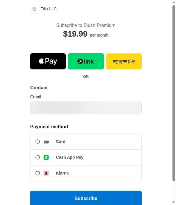 Stripe checkout page for Blush Premium with Apple Pay, Link, Amazon Pay, card, Cash App Pay and Klarna