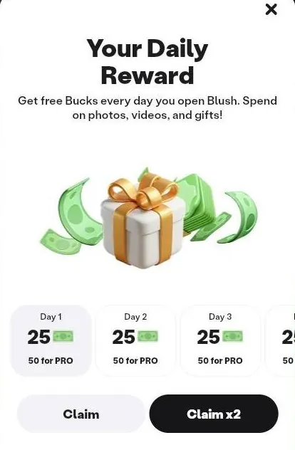 Blush Daily Reward sheet with day cards and Claim and Claim x2 buttons