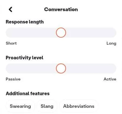 Blush character conversation settings with reply length and proactivity sliders and style chips