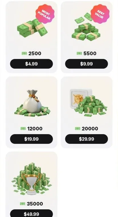 Blush Bucks store with five currency packs and their buy buttons