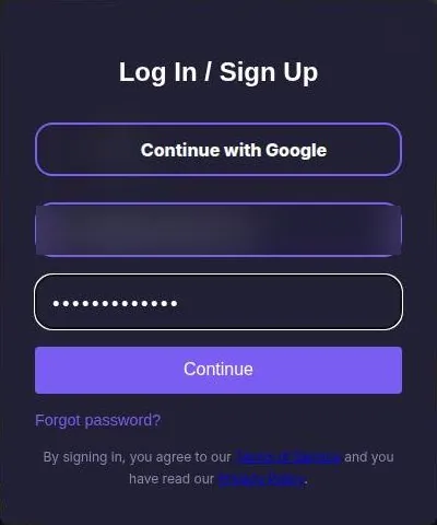 Botify AI log-in and sign-up window with a Google button, e-mail and password fields