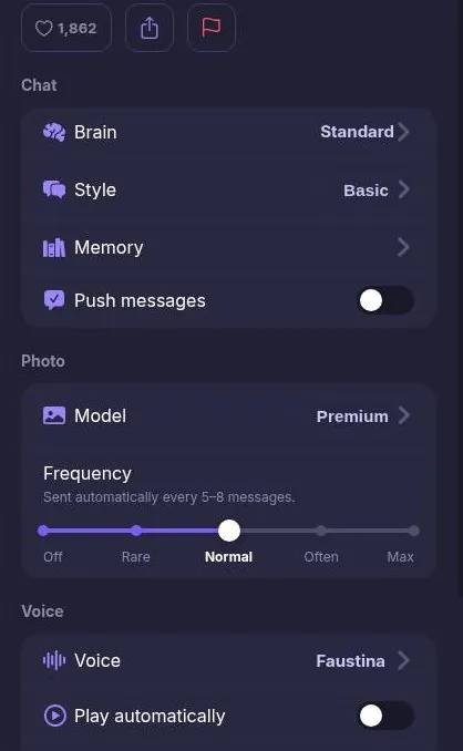 Botify AI chat preferences with brain, style, memory, photo frequency and voice settings