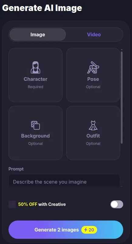 Botify AI image generator with character, pose, background and outfit tiles and a prompt box