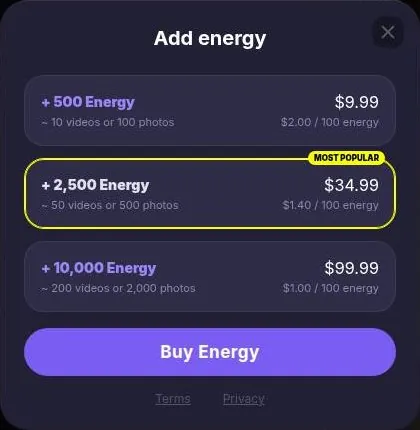 Botify AI energy store with three energy packs and a Buy Energy button