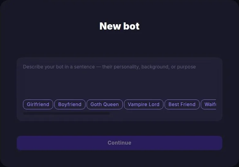 Botify AI new bot window with a one-sentence description box and template chips