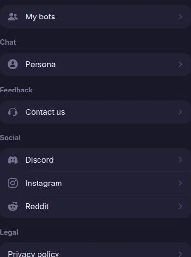 Botify AI profile menu with My bots, Persona, Contact us and community links