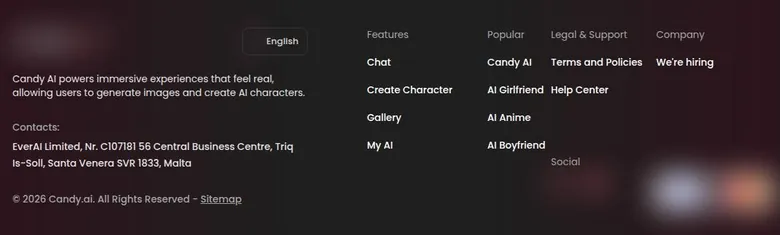 Candy AI footer with link columns and the EverAI Limited company address in Malta