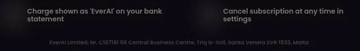 Pricing page notes about the bank statement name and cancelling in settings, above the company address
