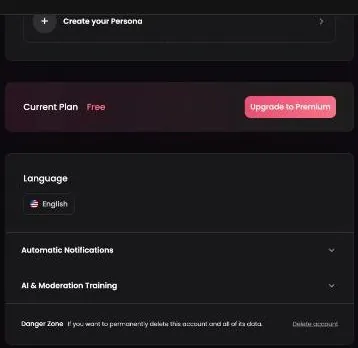 Candy AI settings page with the current plan, language, collapsed sections and a Delete account link