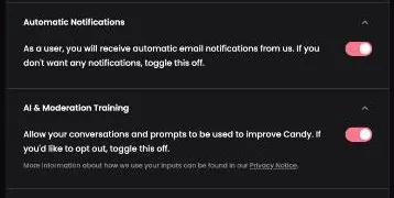 Candy AI settings toggles for e-mail notifications and AI training, both switched on