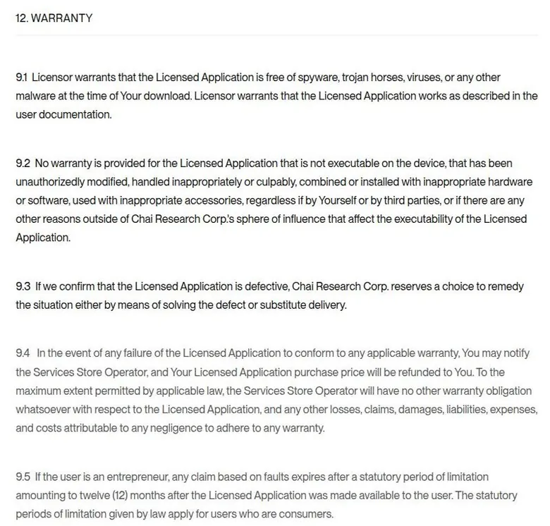 Warranty section of the Chai licence agreement with the store refund clause