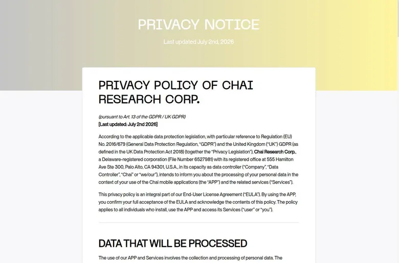 Top of the Chai Research privacy notice with its last-updated date