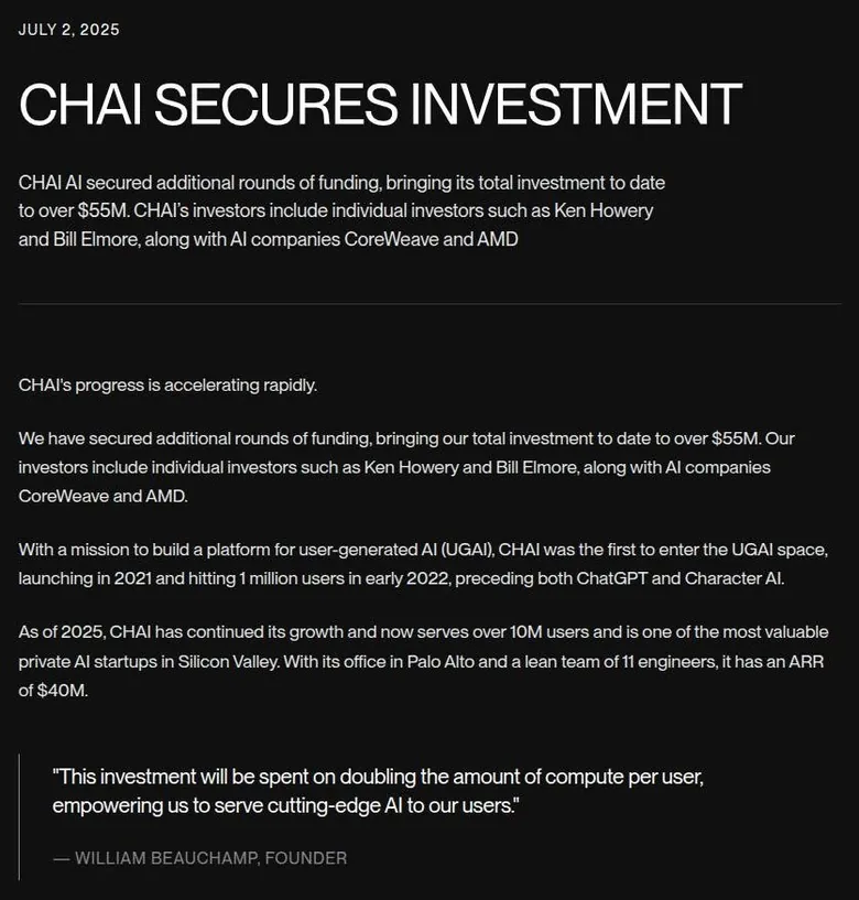 Chai funding announcement with investor names and company history
