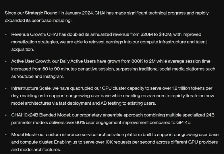 Chai growth figures for revenue, daily users, session time and compute