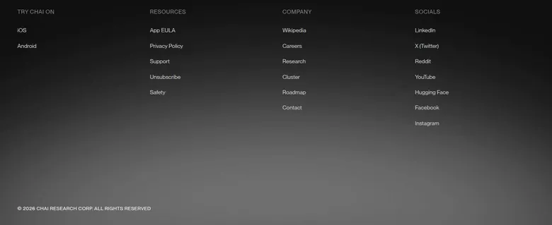 Chai Research website footer with app, resource, company and social links