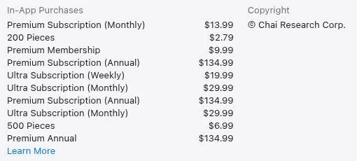 App Store in-app purchase list for Chai with Premium, Ultra and Pieces entries