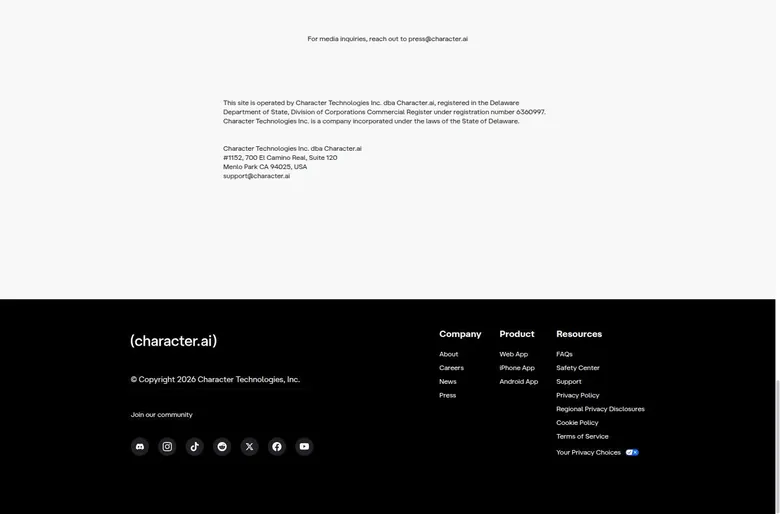 Character AI about page footer with operator details, support e-mail and social icons