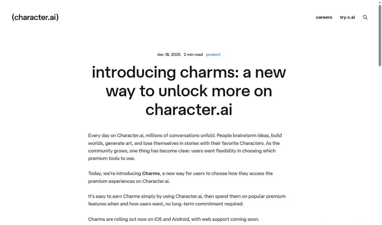 Character AI blog post introducing Charms, dated December 18, 2025