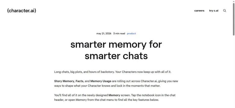 Character AI blog post about Story Memory, Facts and Memory Usage, May 2026
