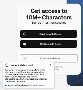 Character AI sign-up panel with Google, Apple and email buttons and a privacy banner