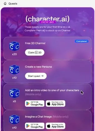 Character AI starter quest list with a free Charms reward and mobile-only quests