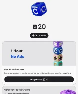 Character AI Charms page with a balance of 20 and a one-hour no-ads pass