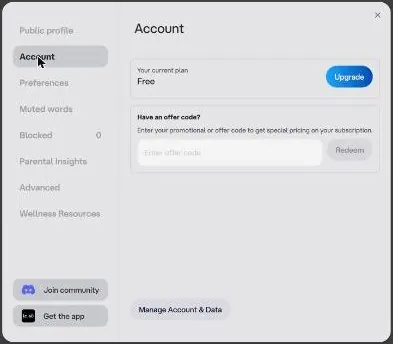 Character AI account settings with the current Free plan and an offer code field