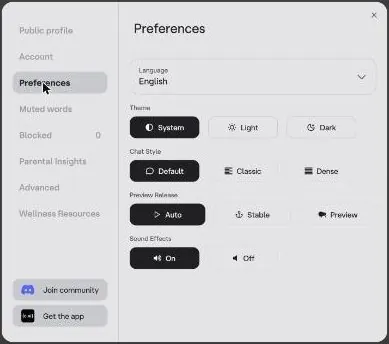 Character AI preferences with language, theme, chat style, preview release and sound options