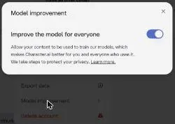 Character AI model improvement setting switched on by default